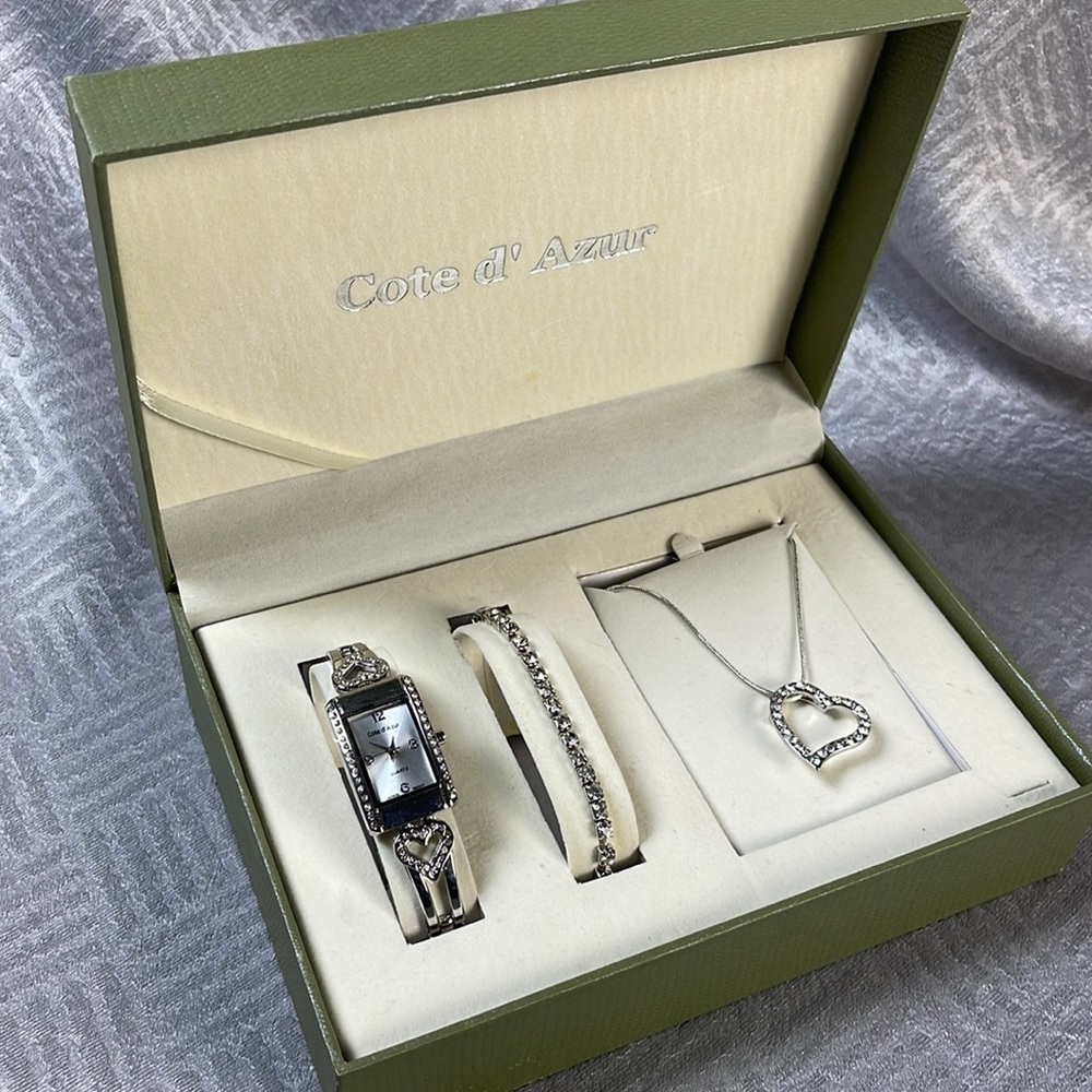 Cote d' Azur Quartz Heart Watch, Bracelet & Heart Necklace Set